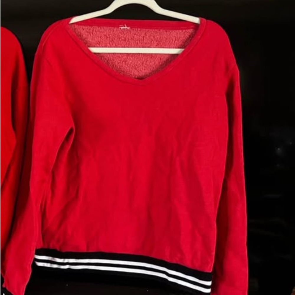 Chic Red V-Neck Sweater with Striped Detail
